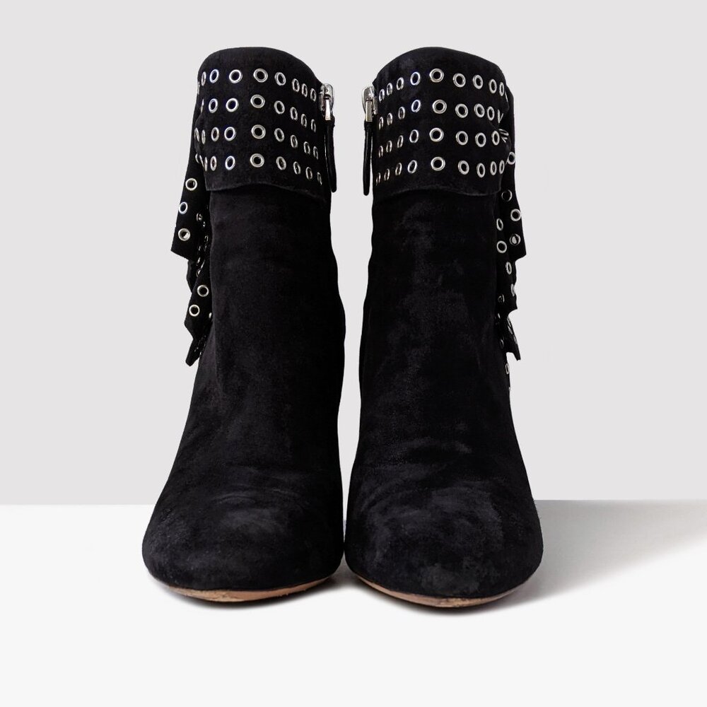 Alaïa Black Suede Grommet Embellished Ruffled Ankle Boots | Size 38.5 - Picture 12 of 16